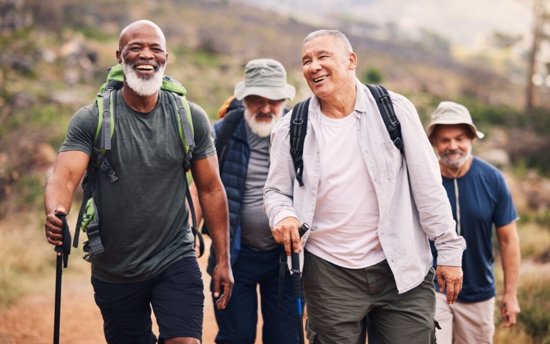 A group of men hiking together.