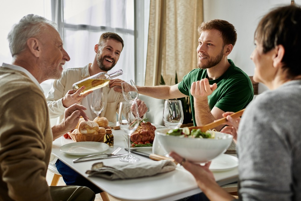 A family having dinner together.